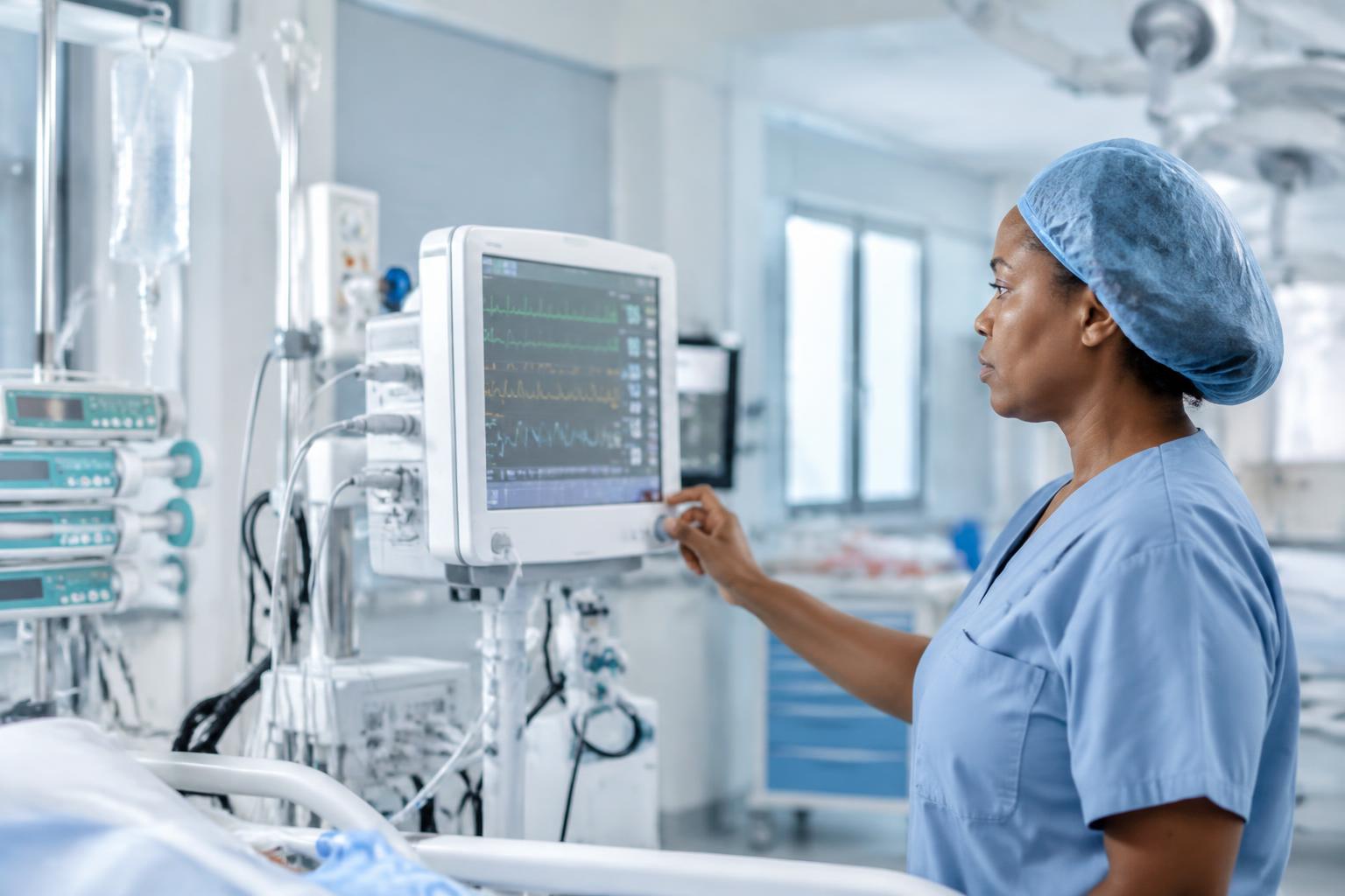 Healthcare professional inspecting a patient monitor in a modern clinical environment